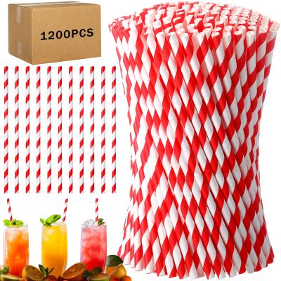 Eaasty 1200 Pcs Colored Paper Straws Bulk Disposable Striped Drinking Paper Straws for Summer Juice, Shakes, Cocktail,7.87 Inches, 0.24'' Diameter (Red)