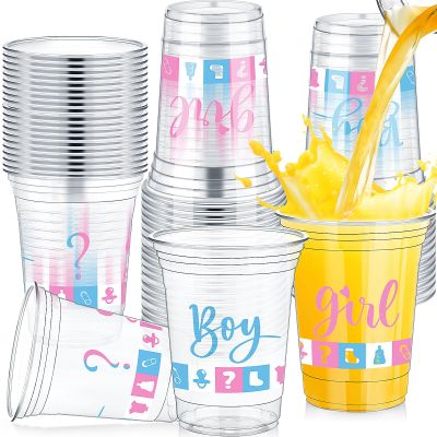 Fuyoooo 48 Pcs Gender Reveal Party Plastic Cup 16 Oz Cups Boy or Girl Thick Clear Cup Gender Reveal Party Supplies Pink and Blue Baby Shower Decorations (Novel)