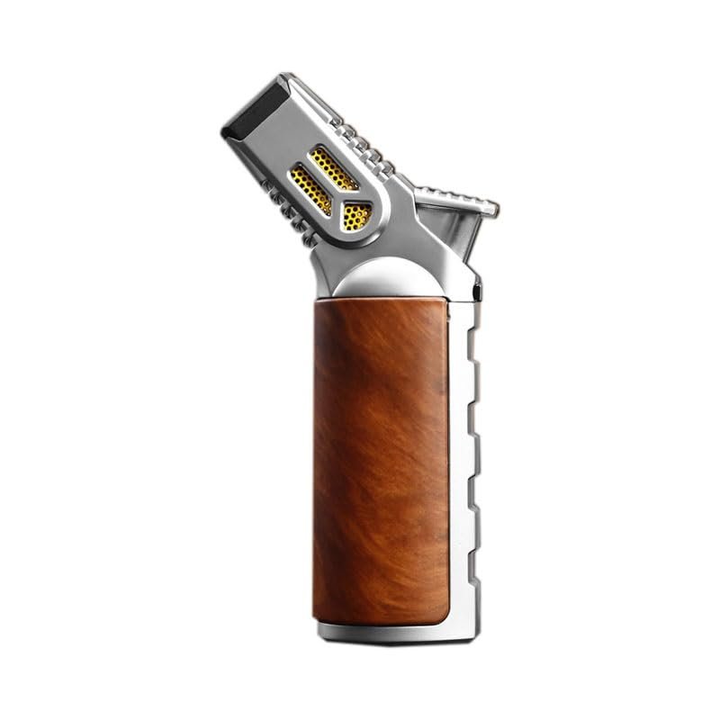 4 Jet Flame Cigar Lighter, Windproof Refillable Butane Gas Lighter with Safety Lock Includes Gift Box, Kitchen Blowtorch for Precision Cooking, Baking and Welding (Butane Not Included)(Red Background
