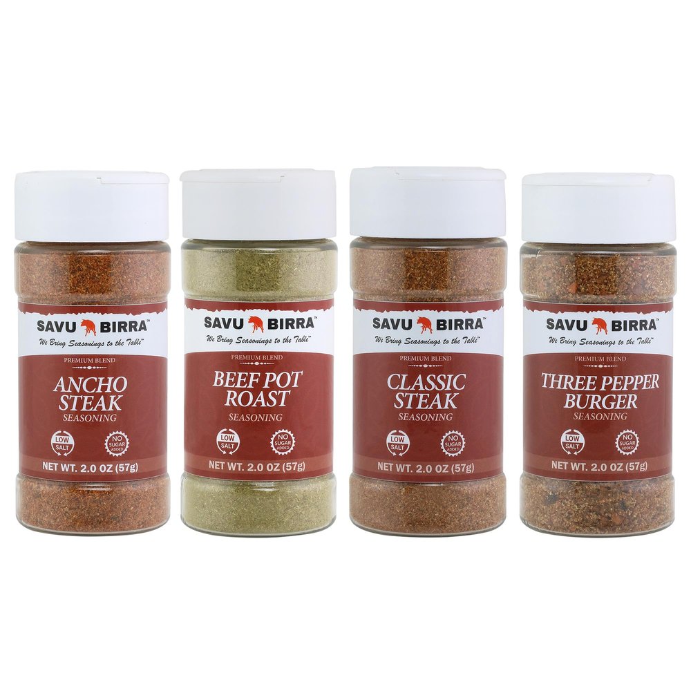 Savu Birra Gourmet Beef Seasoning 4 Pack, Classic Steak, Ancho Steak, Hamburger, and Pot Roast Seasoning