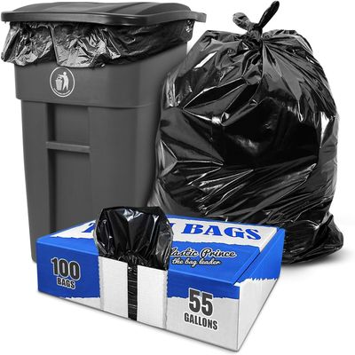 (100 Pack) Plexon 55-60 Gallon Trash Bags, 1.5 Mil, Heavy Duty, Fits Rubbermaid Brute Rollout, Round and Square 32-55 gal Trash Cans, 43" x 47" Large Durable Garbage Trash Can Liners, Bulk (Black)