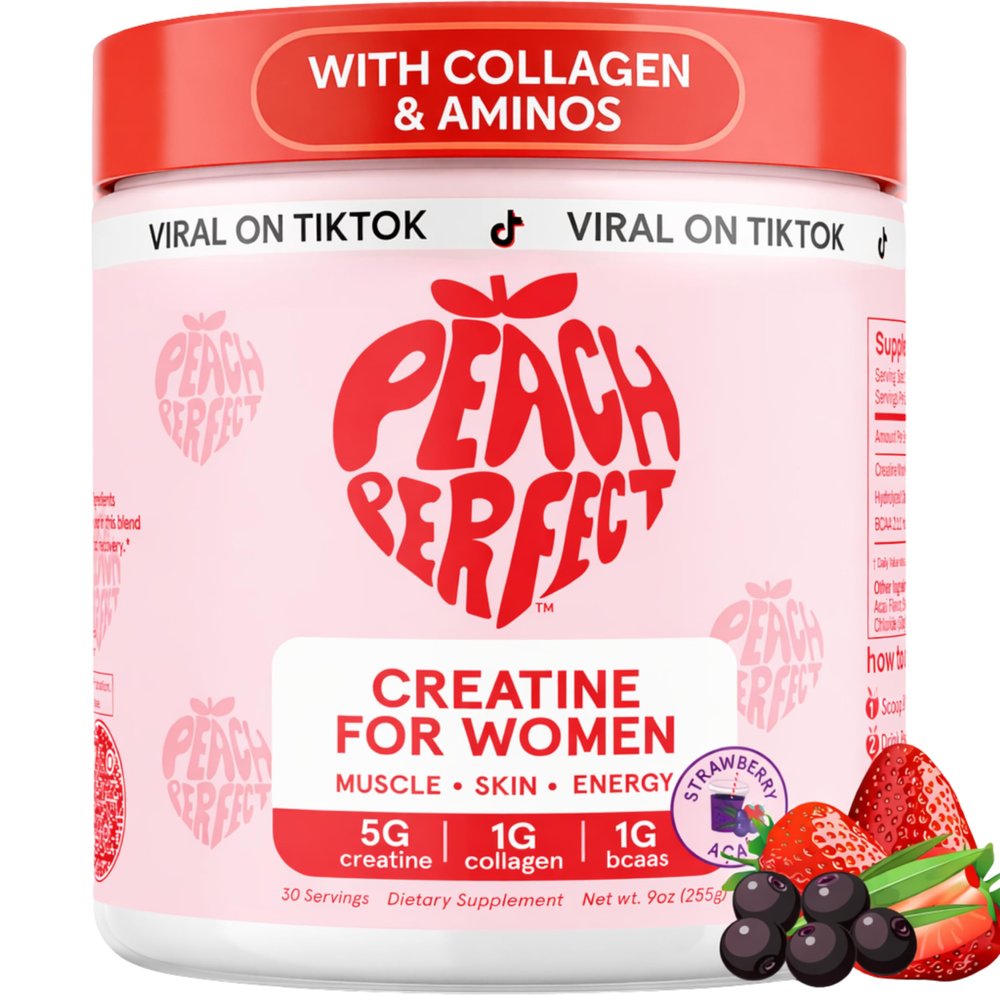 Peach Perfect Creatine Blend for Women  Micronized Creatine Monohydrate with BCAA & Collagen for Glute Strength Support  Strawberry Acai  30 Servings