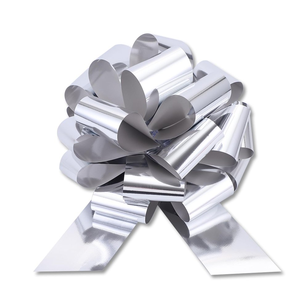 2 Pcs Large Ribbon Pull Bow - 12" Wide, Big Gift Bows for Cars Decor, New Houses, Gift Basket, Presents, Wreath, Decoration, Office (Silver)
