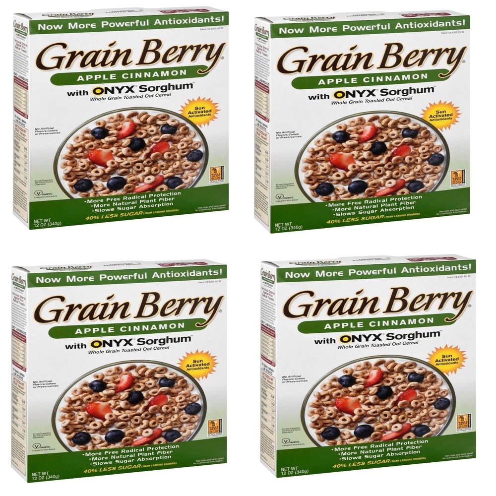 Grain.Berry Cereal - Apple Cinnamon Oats with ONYX Sorghum - Breakfast Cereal - 12 Oz Box - Pack of 4