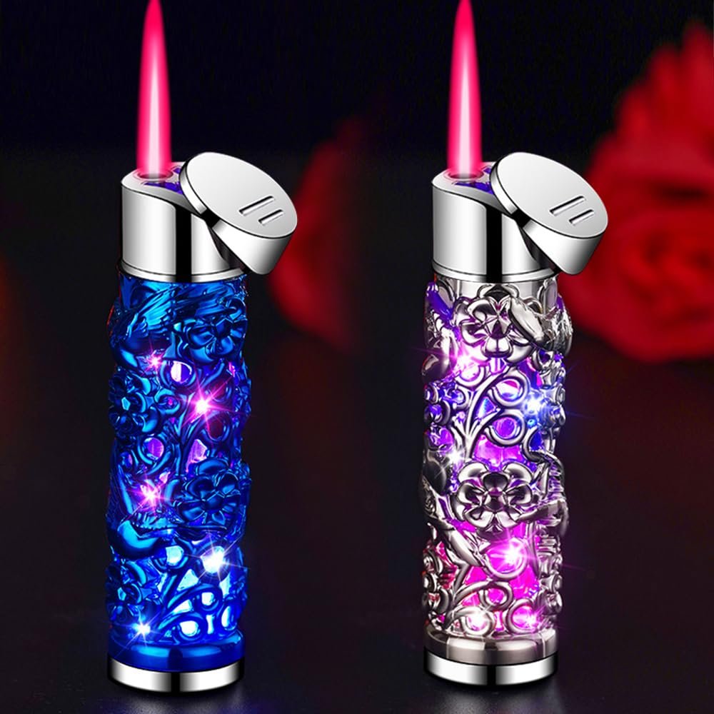 2PACK Blue and Silver Flowers Windproof Butane Jet Torch Lighter,Funny Cool Lighters,Adjustable Jet Flame Torch,Refillable,Grill BBQ Candle Camping(Without Gas)