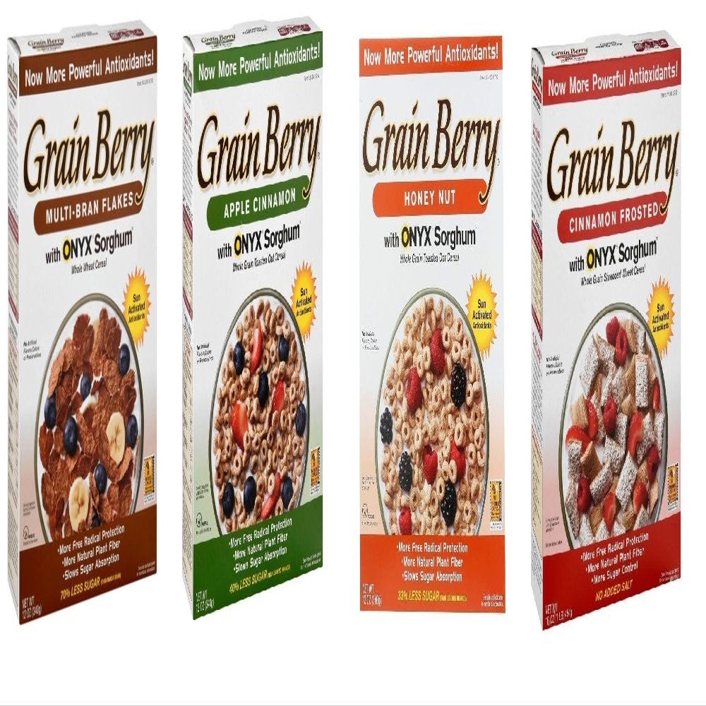 Grain.Berry Cereal - Variety Pack of Bran Flakes - Apple Cinnamon - Honey Nut - Cinnamon Frosted Wheat Cereals with ONYX Sorghum - Pack of 4-1 Box From Each Flavor