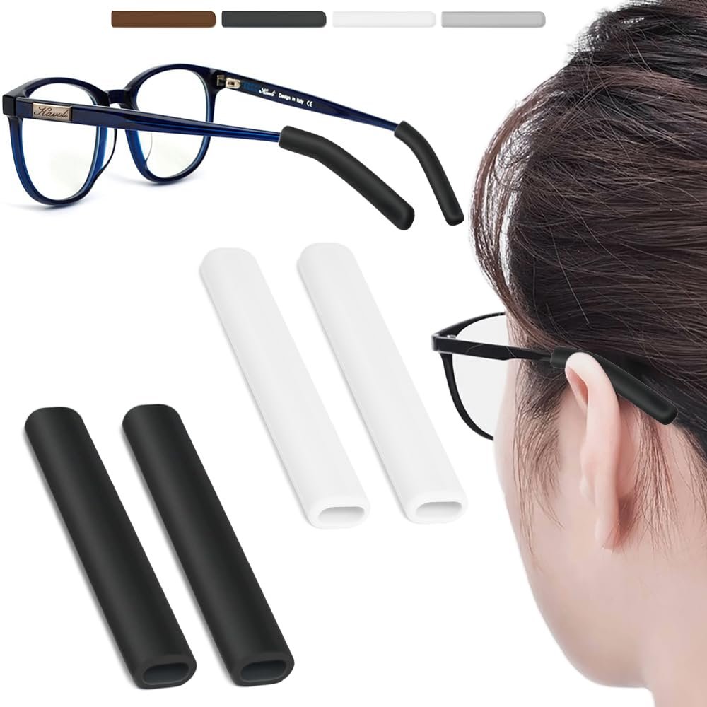 2 Pairs Silicone Glasses Ear Cushion, Eye Glasses Ear Grippers Anti Slip, Glasses Ear Grips Non Slip, Eyeglass Ear Cushions for Pain, Temple Sleeves Tips Ear Pads for Glasses Slip Preventer (BLK&WHT)
