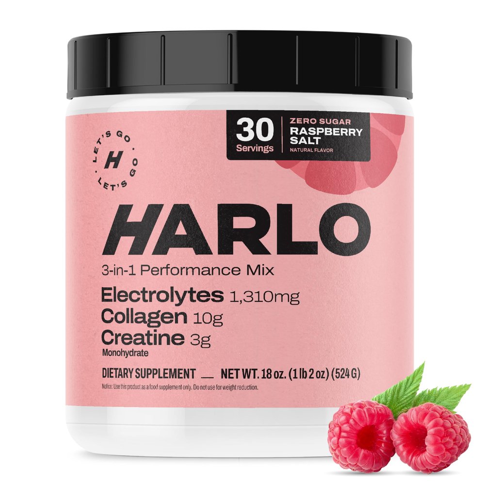 Harlo 3-in-1 Electrolytes Powder with Creatine & Collagen High Sodium Performance Hydration | Zero Sugar | NSF Certified | Raspberry Salt (30 Servings)