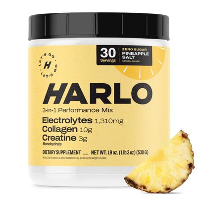 Harlo Electrolytes Powder with Creatine | High Sodium Hydration for Intense Training | Zero Sugar | Includes Collagen | Salty by Design | NSF Certified | Pineapple Salt (30 Servings)