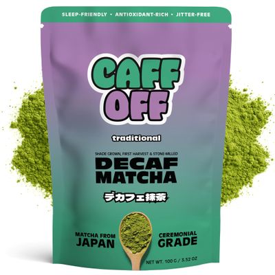 Caff Off Decaf Matcha Green Tea Powder From Japan Small Premium Bag - 3.52 oz / 100 g Ceremonial Grade Naturally Decaffeinated Without Chemicals Tested for Heavy Metals