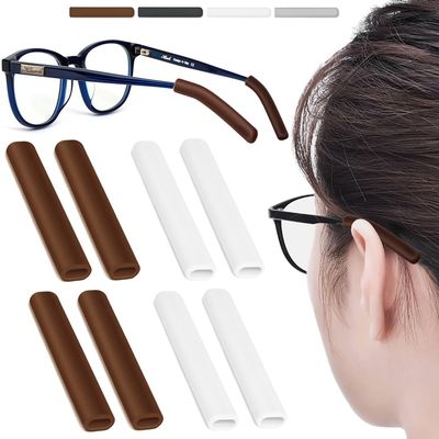 4 Pairs Silicone Glasses Ear Cushion, Eye Glasses Ear Grippers Anti Slip, Glasses Ear Grips Non Slip, Eyeglass Ear Cushions for Pain, Temple Sleeves Tips Ear Pads for Glasses Slip Preventer (BRN&WHT)