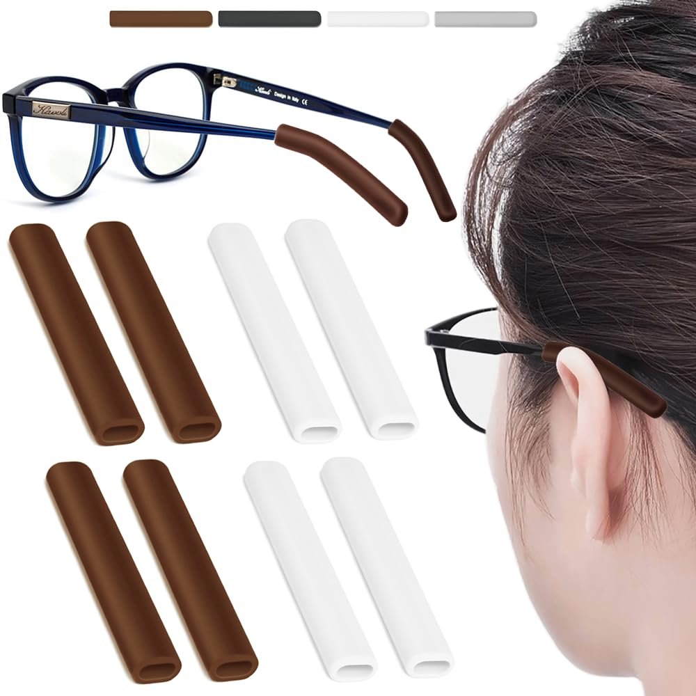 4 Pairs Silicone Glasses Ear Cushion, Eye Glasses Ear Grippers Anti Slip, Glasses Ear Grips Non Slip, Eyeglass Ear Cushions for Pain, Temple Sleeves Tips Ear Pads for Glasses Slip Preventer (BRN&WHT)