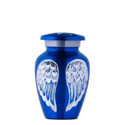 Blue Shiny Angel Wings Small Urn for Ashes - 3" Height and can accomodate 3 Cubic inches only