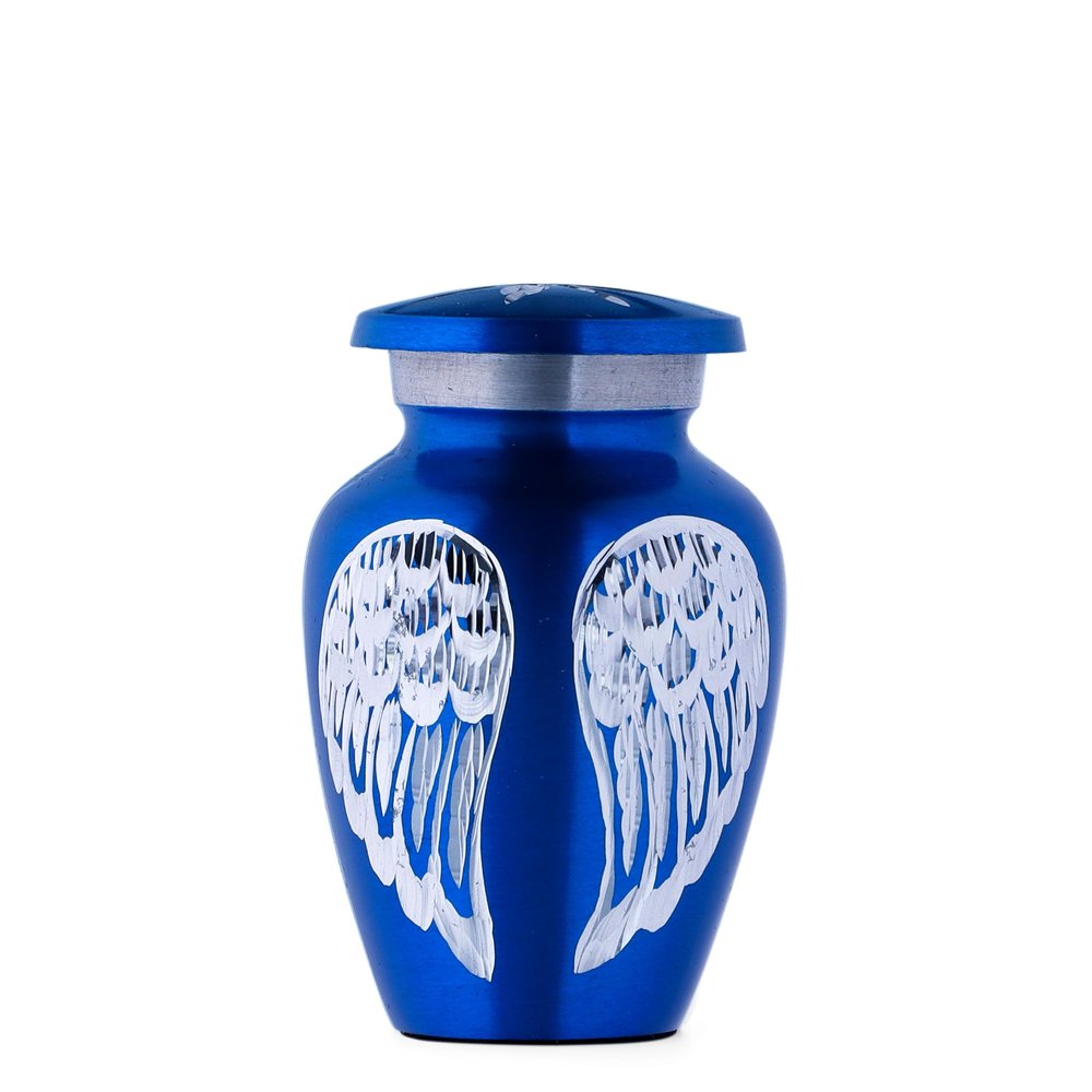 Blue Shiny Angel Wings Small Urn for Ashes - 3" Height and can accomodate 3 Cubic inches only