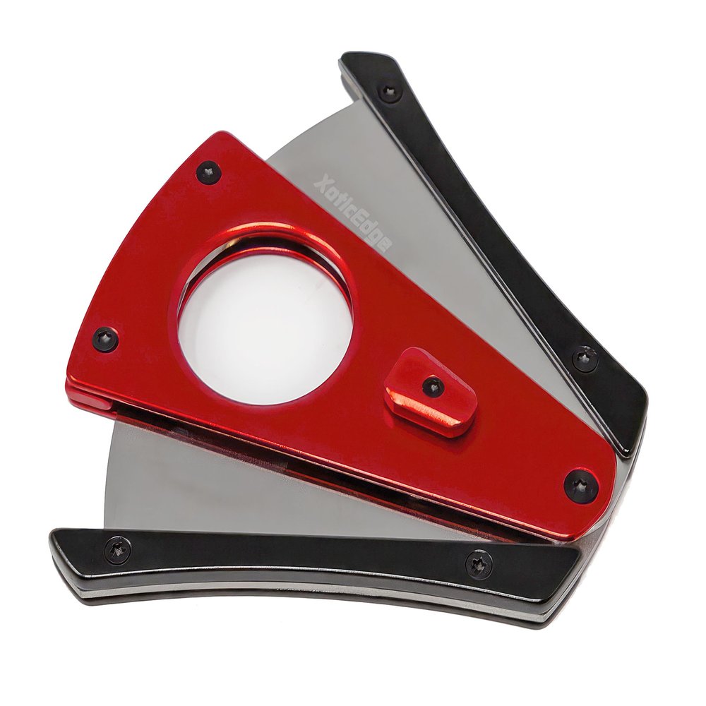 Prestige Import Group XoticEdge XhaleX Anodized Aluminum Body Dual Wing Stainless Steel Blade Cigar Cutter - Up to 64 Ring Gauge - Metallic Red & Black
