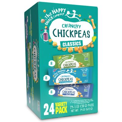 Happy Snack Company Crunchy Chickpeas Classics Variety Pack - High Fiber Vegan Protein Snacks for Adults and Kids - (Pack of 24 1oz) Classic Sea Salt x 8 Lime & Cracked Pepper x8 Sea Salt & Balsamic x8.