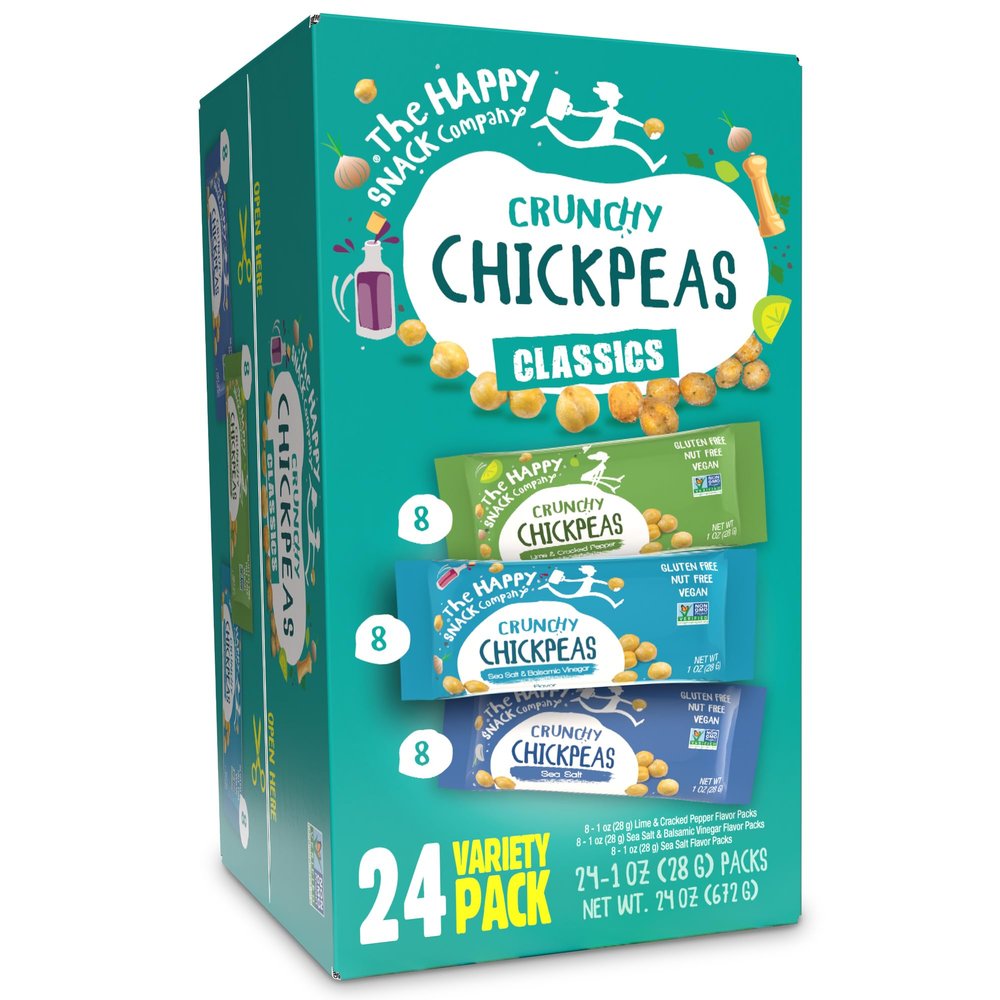 Happy Snack Company Crunchy Chickpeas Classics Variety Pack - High Fiber Vegan Protein Snacks for Adults and Kids - (Pack of 24 1oz) Classic Sea Salt x 8 Lime & Cracked Pepper x8 Sea Salt & Balsamic x8.