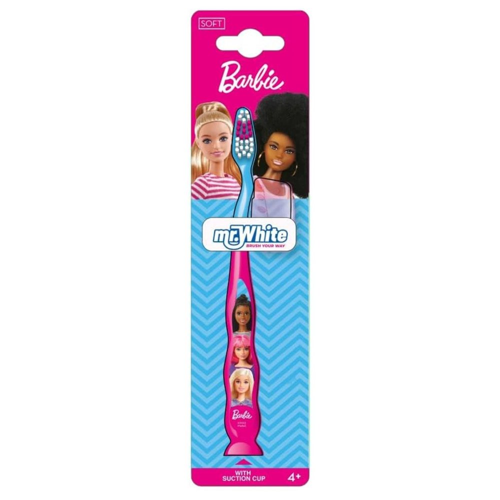 Barbie Toothbrush with Protection Cap, Suction Cup, Comfortable Handle and Soft Bristles for Kids
