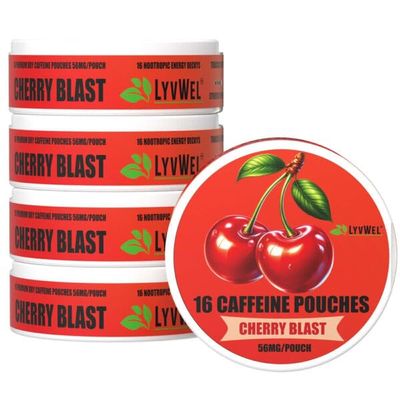 LyvWel 56mg Caffeine Energy Pouches  Cherry Blast  Clean Energy & Focus Boost with Guarana  5-Pack with 16 Pouches Per Can (80 Total Pouches)