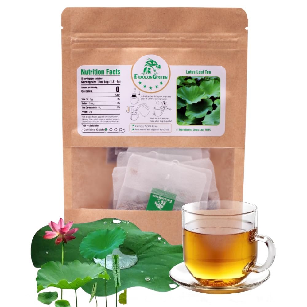 EidolonGreen Lotus Leaf Tea 100% Natural, Non-GMO, Caffeine-Free, 15 Bleach-Free Tea Bags Dried Chinese Herb (Heye/)
