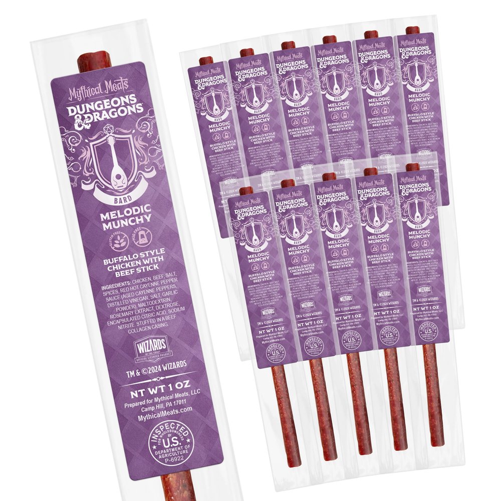 Mythical Meats Dungeons & Dragons Melodic Munchy (Bard) - 12 Jerky Sticks - Buffalo Style Chicken with Beef Stick, Gluten Free, MSG Free