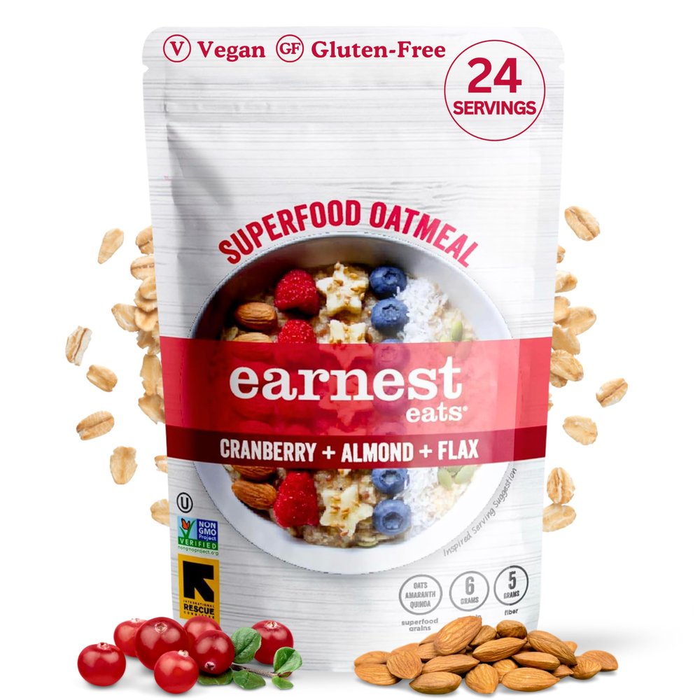 Earnest Eats Superfood Oatmeal  Cranberry Almond Flax  Vegan, Gluten-Free, 6g Plant Protein, 5g Fiber, No Added Sugar, 24 Servings Total (3 Pack)
