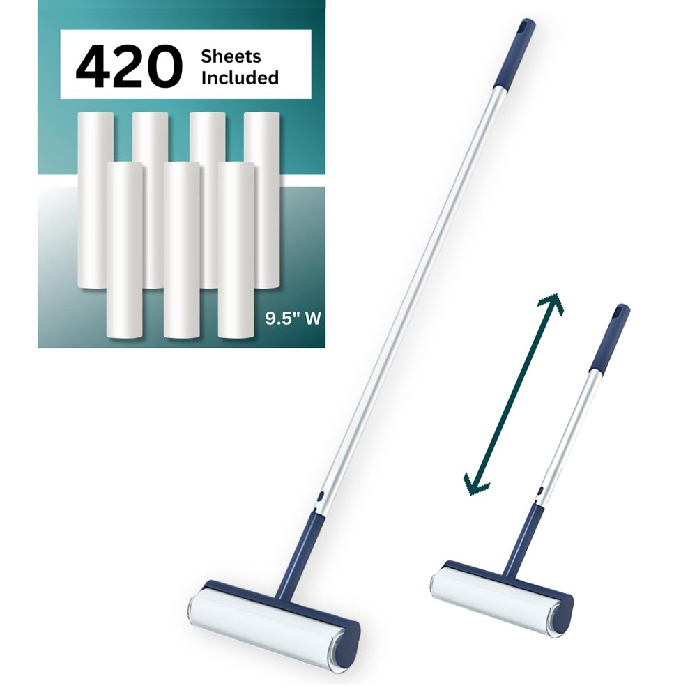Large Lint Roller with Extra Sticky Roller and 420 Sheets 9.5" Wide, Floor Lint Roller Long Handle, Extendable to 41", Carpet, Couch, Pet Hair, Clothing Cleaning Supplies (Navy Roller + 7 Refills)