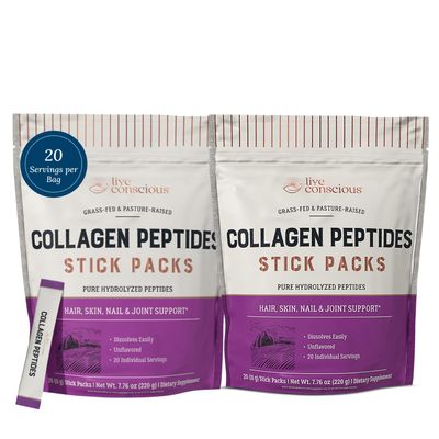 Live Conscious Collagen Peptides Powder Unflavored Packets-Hydrolyzed Collagen Powder-Hair, Skin, Nail, & Joint Support-Type I & III Grass-Fed Collagen Supplements for Women and Men - Pack of 20 (2Pk)