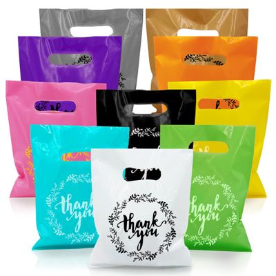 100 PCS 10 Colors Plastic Handle Bag Gift Bags Party Favor Candy Cookie Bag for Birthday Party Baby Shower Wedding Gift Shop Retail Bags (10" x 8")