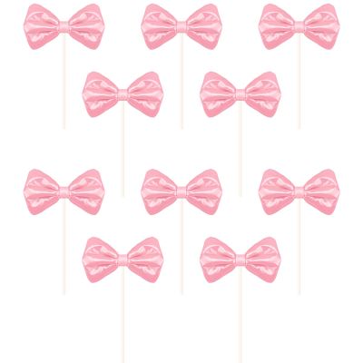10pcs Bow Cake Topper Bowknot Cupcake Toppers Cake Dessert Picks Decoration For Baby Shower Birthday Wedding Party Supplies (10 pcs Pink)