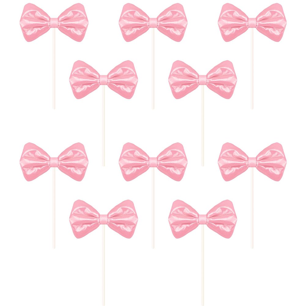10pcs Bow Cake Topper Bowknot Cupcake Toppers Cake Dessert Picks Decoration For Baby Shower Birthday Wedding Party Supplies (10 pcs Pink)