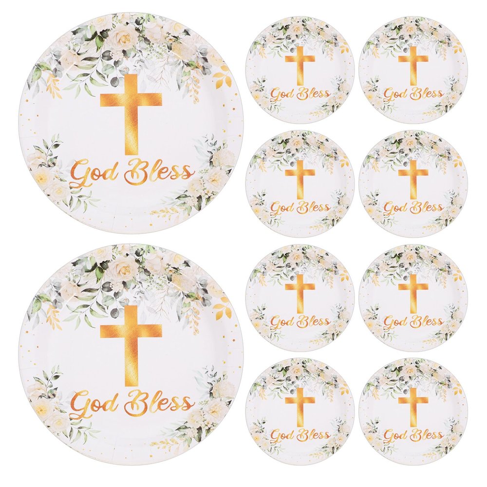 HOLIDYOYO 10pcs God Bless Baptism Confetti Paper Plates First Communion Dessert Dinnerware Disposable Dish Set