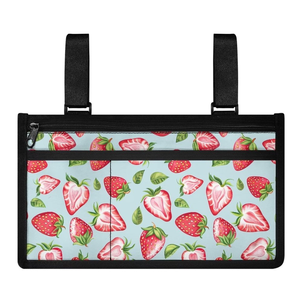 Bivxisrvo Cute Strawberry Wheelchair Armrest Side Hanging Storage Bag Basket for Walkers for Seniors, Multi Pockets Folding Walker Basket Tote Bag, Wheelchair Accessories for Wheelchair, Rollator