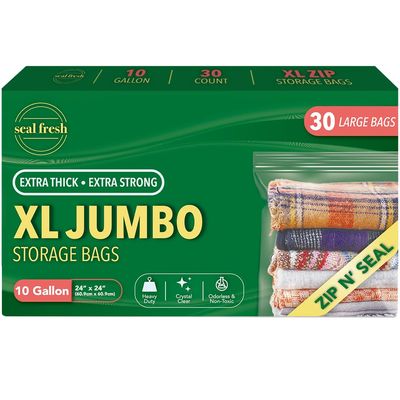 Seal Fresh 10 Gallon Large Plastic Storage Bags 24" x 24" (30 Count) Reusuable XXL Extra Large Heavy Duty Clear Jumbo Freezer Zip Bags with Sealable Zipper Top For Clothes, Travel, Moving