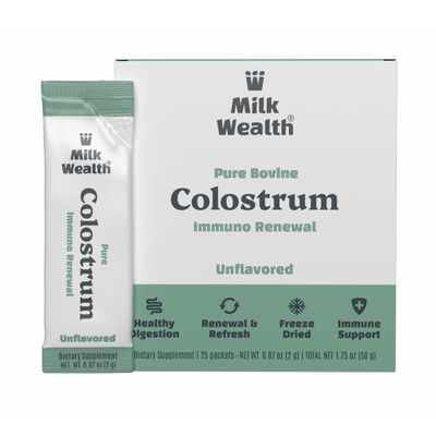 Milk Wealth Pure Bovine Colostrum Unflavored, Freeze-Dried, Immune Support, Superfood with nutrients, No additives No Preservatives, 25 Serving Packets (2 Grams in Each Pack) Net Weight 50g