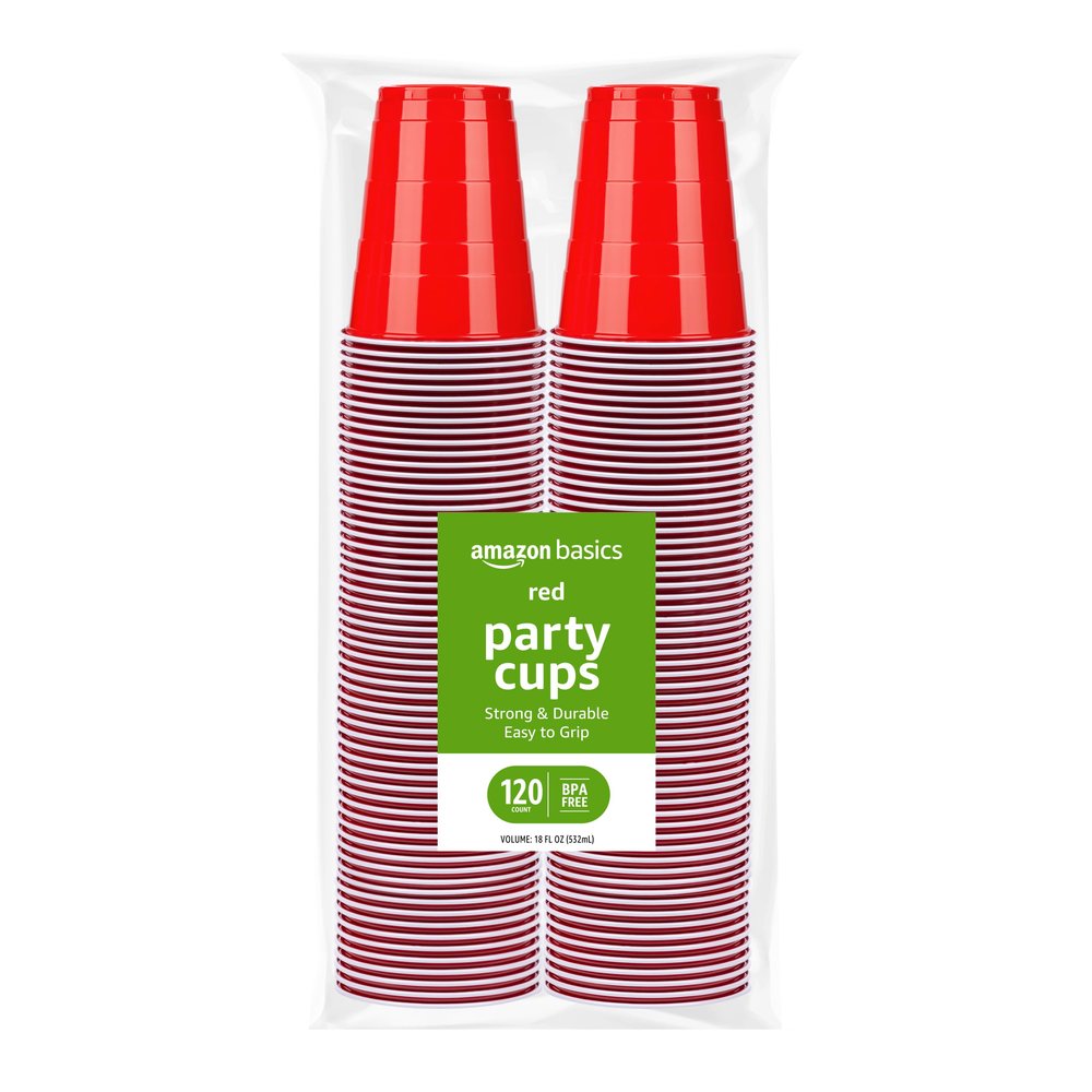 Amazon Basics Disposable Plastic Party Cups, Red, 18oz, 120 Count, Large Pack