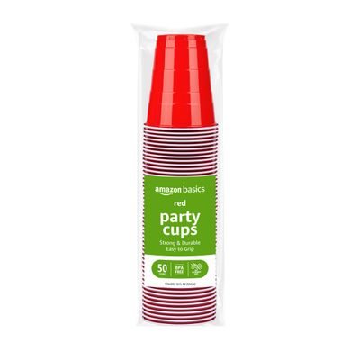 Amazon Basics Disposable Plastic Party Cups, Red, 18oz, 50 Count