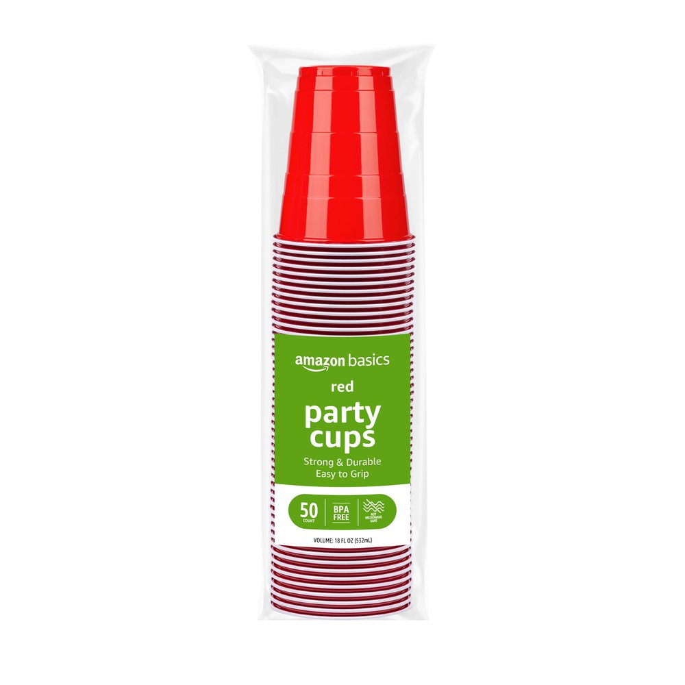 Amazon Basics Disposable Plastic Party Cups, Red, 18oz, 50 Count