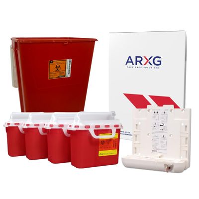 18gal (1PK) and 5.4qt (4PK with Locking Bracket) Mail-in Take Back Sharps Containers with Destruction Services for Safe & Environmentally-Responsible Needle Disposal