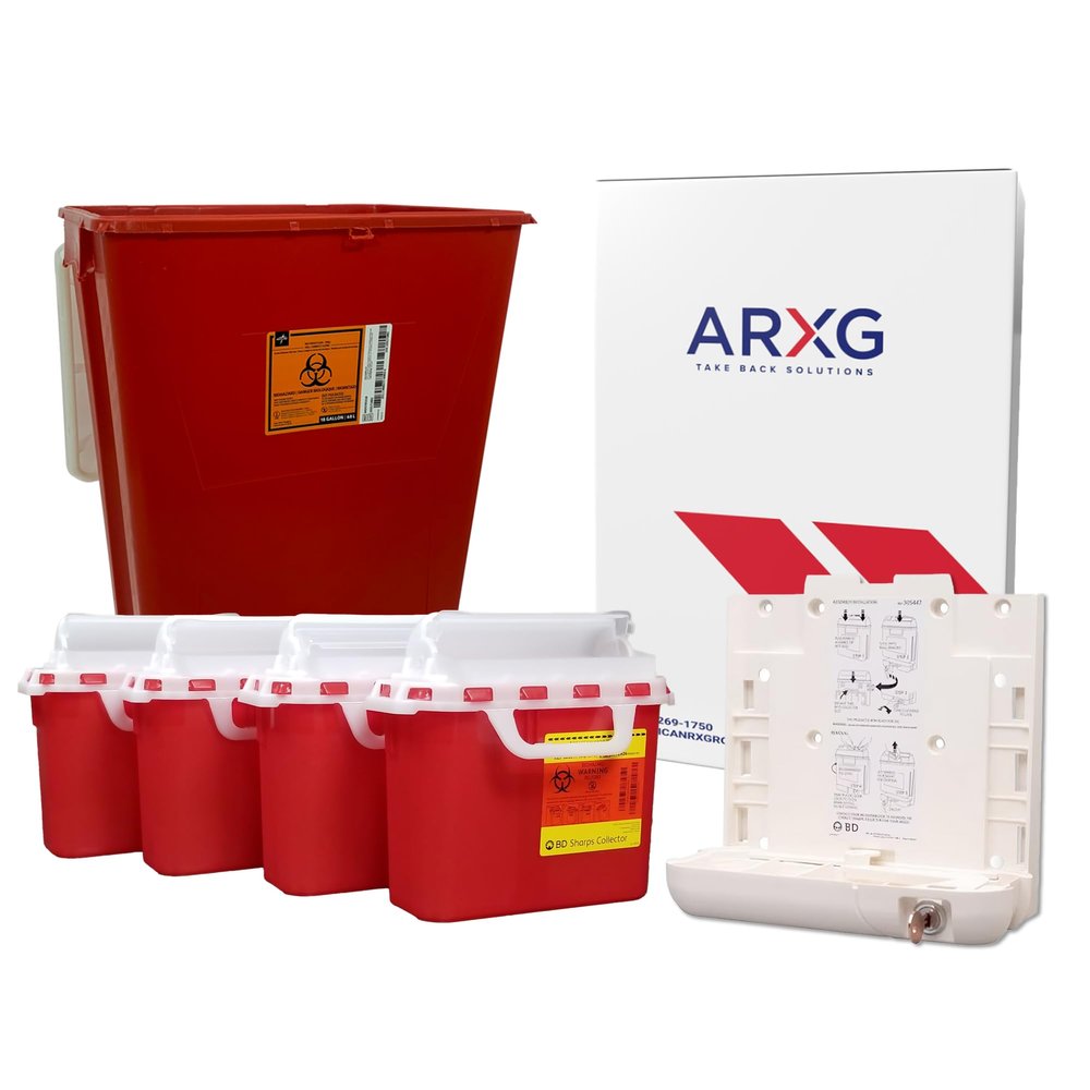18gal (1PK) and 5.4qt (4PK with Locking Bracket) Mail-in Take Back Sharps Containers with Destruction Services for Safe & Environmentally-Responsible Needle Disposal