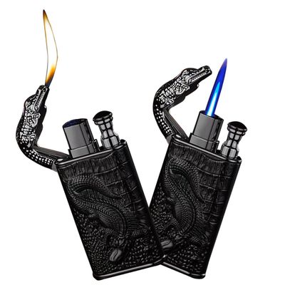 Magic Dual Flame Crocodile Lighter, Torch & Soft Flame Creative Windproof Croc Torch Lighter, Cool Dual Jet Flame Butane Lighter, Refillable Butane Lighter for Outdoor Indoor (Black)