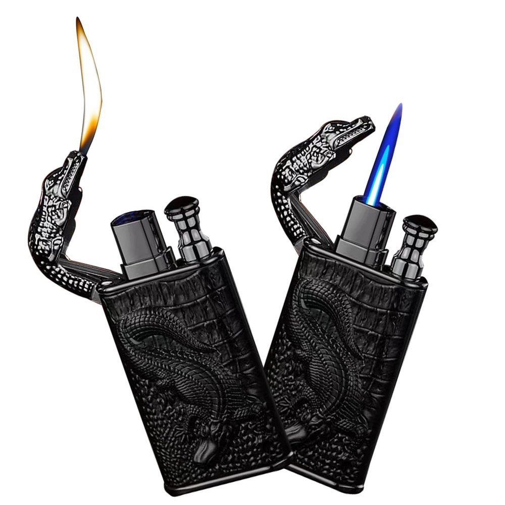 Magic Dual Flame Crocodile Lighter, Torch & Soft Flame Creative Windproof Croc Torch Lighter, Cool Dual Jet Flame Butane Lighter, Refillable Butane Lighter for Outdoor Indoor (Black)