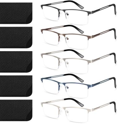 ORANZI 5 pack Archives style Blue Light Blocking Reading Glasses Men, Half Metal Frame Spring Hinge Durable Readers Men Women (L1 Mix Color, 4.00)