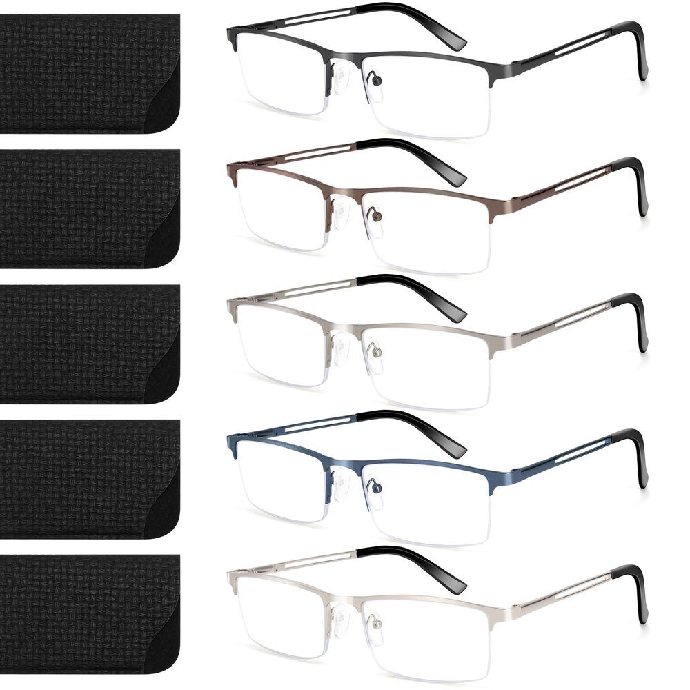 ORANZI 5 pack Archives style Blue Light Blocking Reading Glasses Men, Half Metal Frame Spring Hinge Durable Readers Men Women (L1 Mix Color, 4.00)