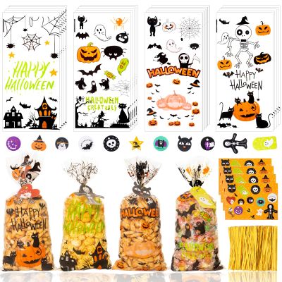 Halloween Cellophane Treat Bags, 100 pcs Clear Halloween Goodie Bags with Twists Ties, 4 Styles Halloween Cellophane Candy Bags with Gift Tag for Kids Halloween Treat or Trick Party Supplies