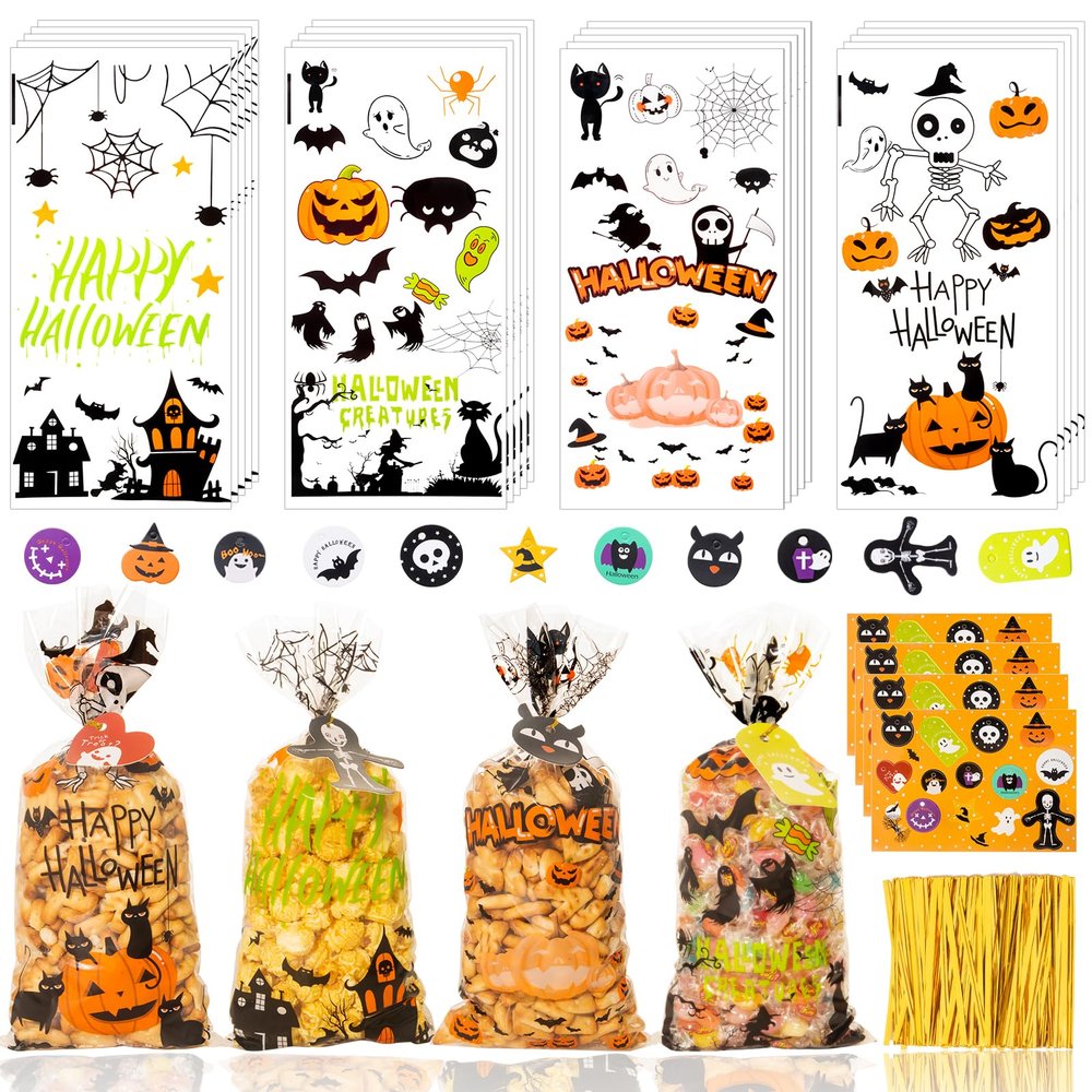 Halloween Cellophane Treat Bags, 100 pcs Clear Halloween Goodie Bags with Twists Ties, 4 Styles Halloween Cellophane Candy Bags with Gift Tag for Kids Halloween Treat or Trick Party Supplies