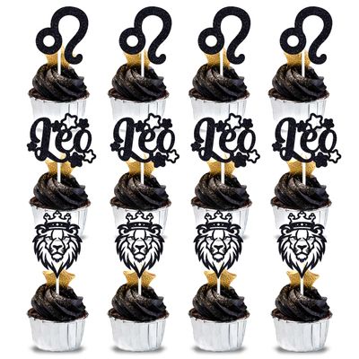 12Pcs Leo Cupcake Topper, Big Leo Energy/Cancer Season, 12 Constellation July/August Birthday Cupcake Decoration, Horoscope Astrology Birthday Party Supplies, Black Glitter