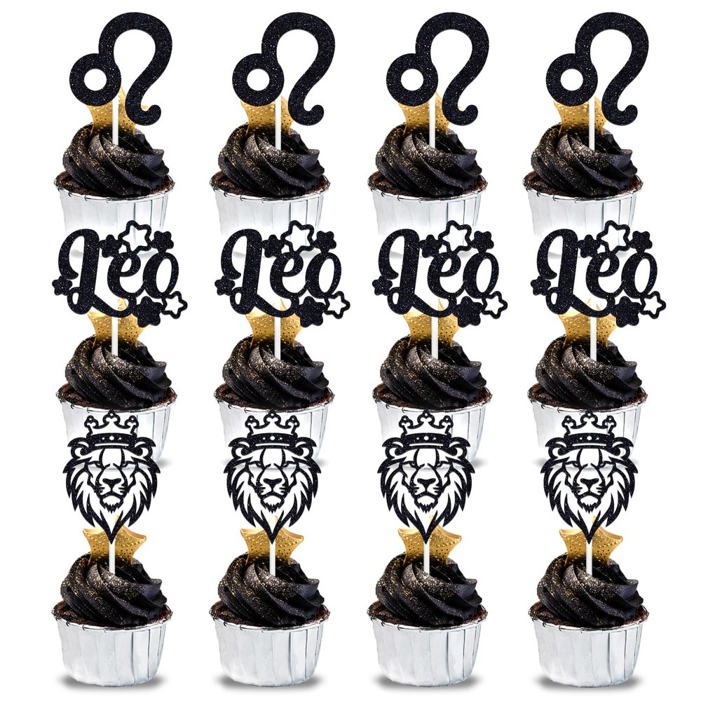 12Pcs Leo Cupcake Topper, Big Leo Energy/Cancer Season, 12 Constellation July/August Birthday Cupcake Decoration, Horoscope Astrology Birthday Party Supplies, Black Glitter