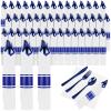 100Pack Blue Pre Rolled Plastic Silverware - Wrapped Blue Rolled Cutlery with Napkins, Heavy Duty Prerolled Plastic Silverware Set, Disposable Utensils with Dinner Napkins for Party view 1