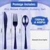 100Pack Blue Pre Rolled Plastic Silverware - Wrapped Blue Rolled Cutlery with Napkins, Heavy Duty Prerolled Plastic Silverware Set, Disposable Utensils with Dinner Napkins for Party view 2
